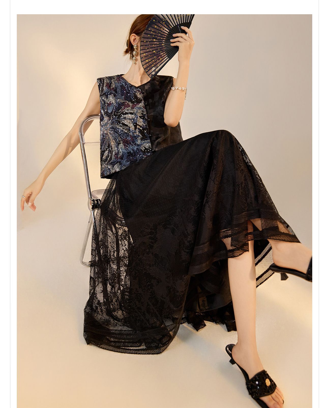 Áo vest nữ phong cách Trung Hoa mới 2026, thiết kế thêu sequin, chất rayon sang trọng — Đen, Màu huyền ảo, Xanh lam chi tiết 32