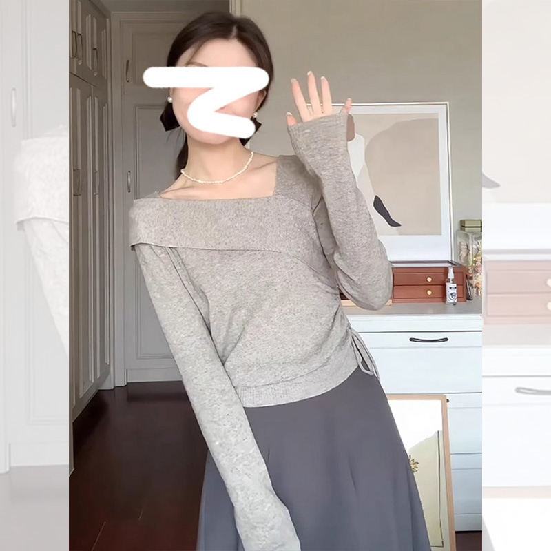 复古港风韩版一字领斜肩灰色针织打底衫女内搭修身系带收腰上衣秋|undefined