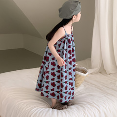 Children's skirt 2024 summer style girls' Korean style style suspender sleeveless long skirt with all-over printed roses and white dress with small veil at the end