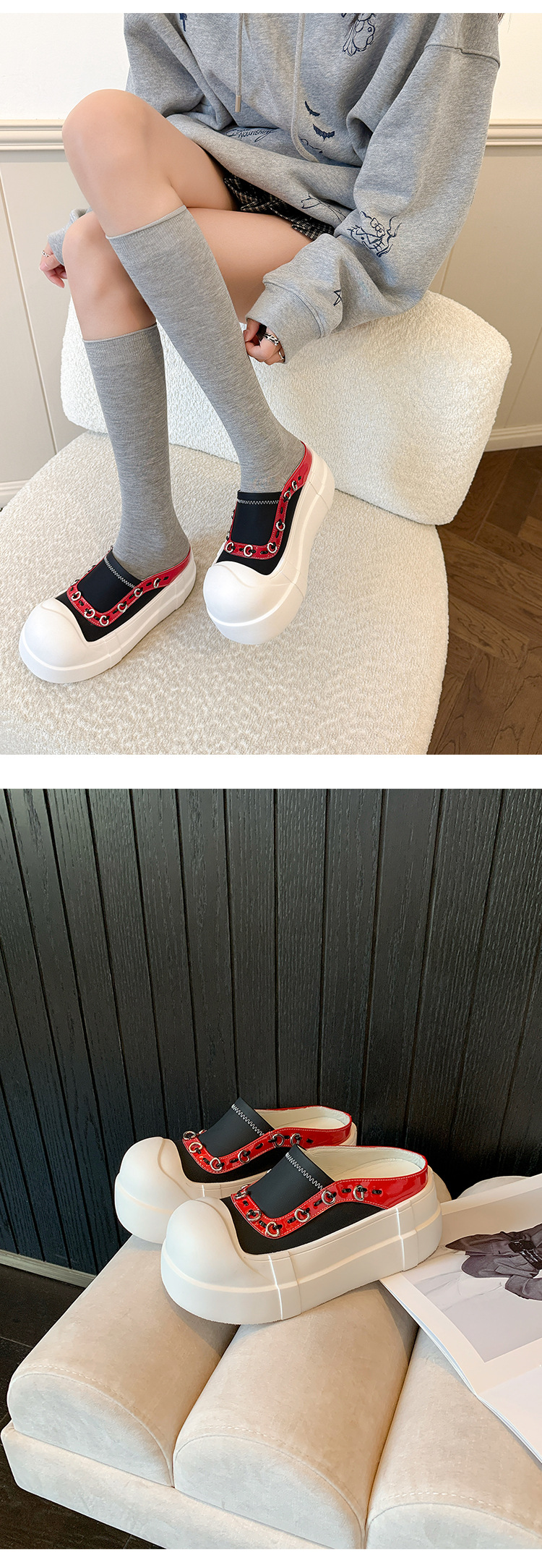 Giày sneaker nữ đế dày mũi to slip-on da thật phối màu — màu đen, màu trắng chi tiết 11