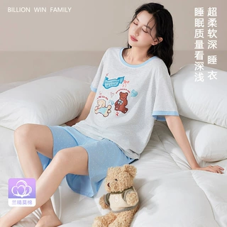 兰精莫代尔睡衣女夏短袖圆领卡通少女家居服蓝色两件套装简约短裤