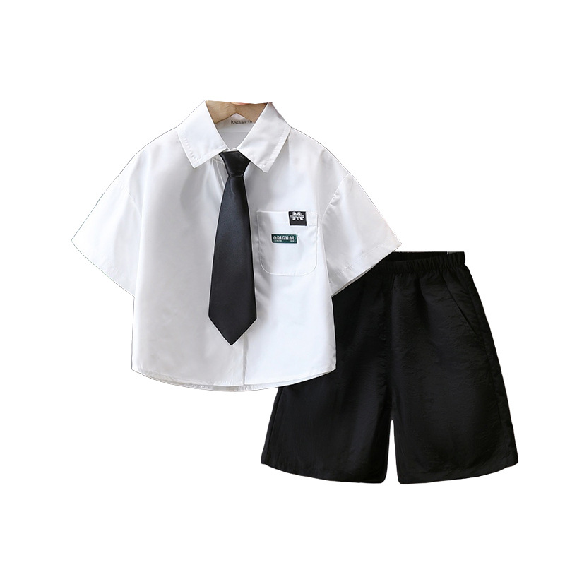 7159 Ropa para niños de verano Camisa blanca de manga corta Traje para niños Estilo universitario Pantalones de traje para niños pequeños y medianos Traje de camisa de verano