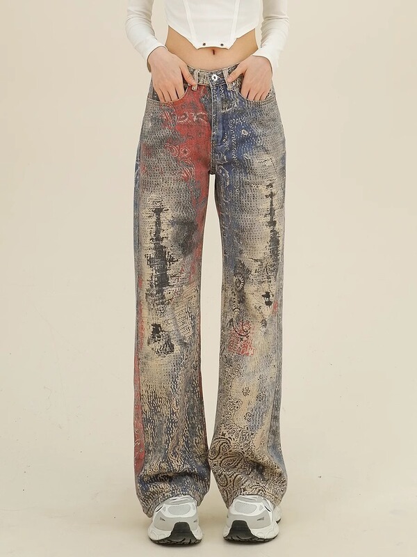 Trendy Tie-Dye Jeans for Women 2024 Spring and Autumn New Loose Bf American Style Streetwear Wide-Leg Pants
