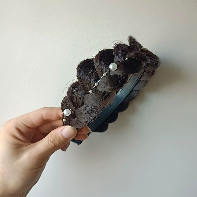 handmade wig headband with pigtail, scalloped hair accessory, matte silk, Ø≈15 cm