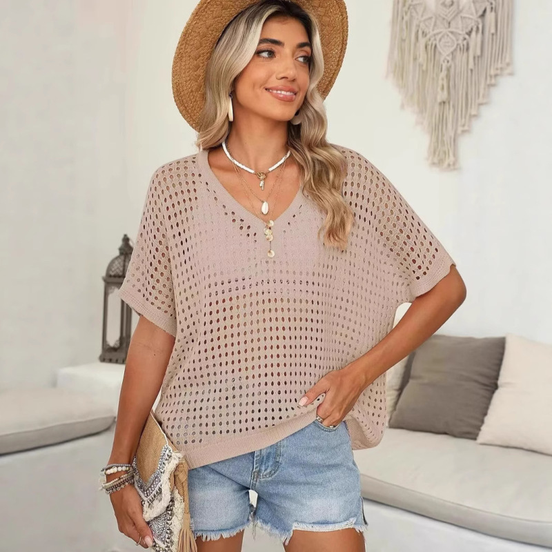 Women's 2025 Summer V-Neck Short Sleeve Button down down Sweater Casual Crochet Hollow Knitted Top Beach Cover