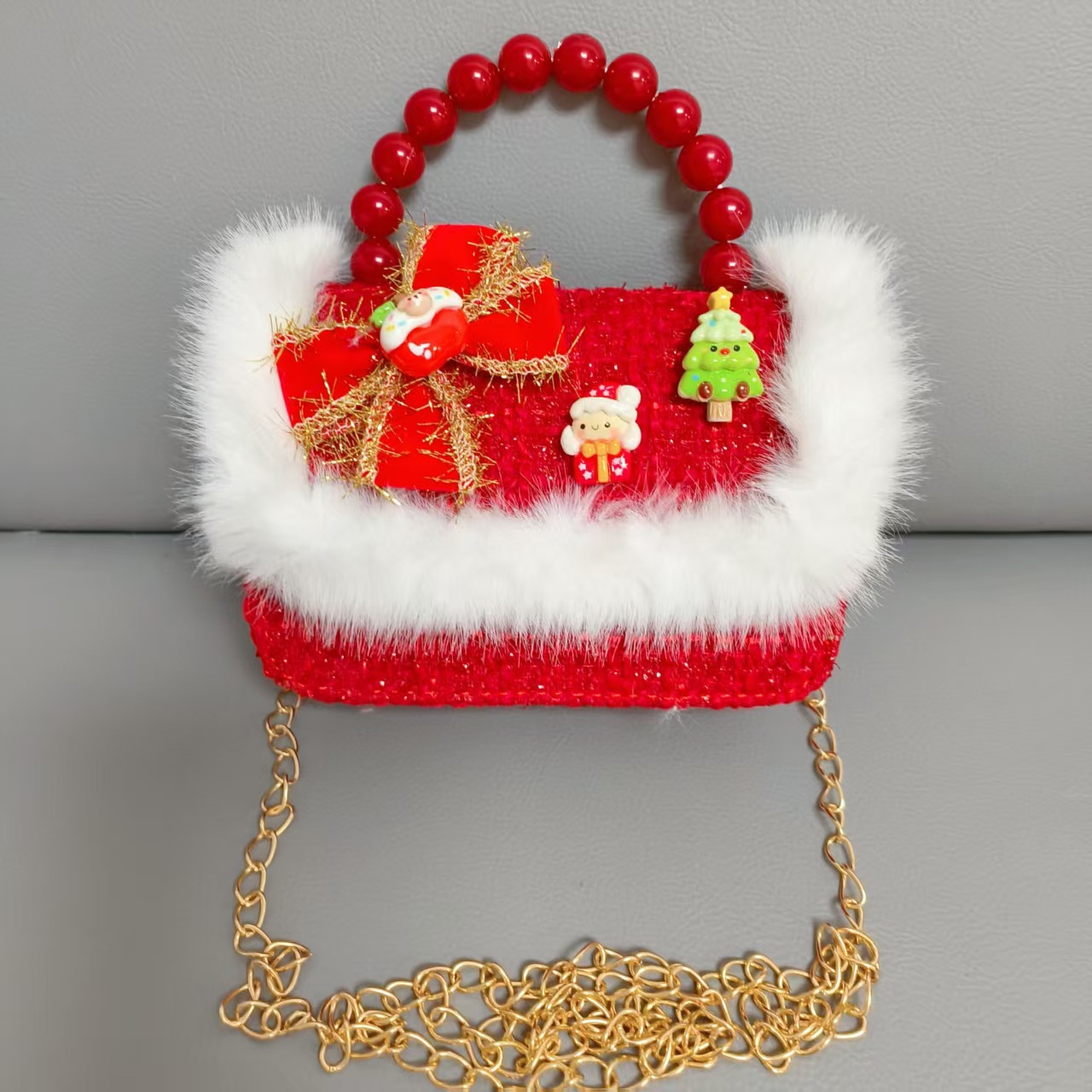 Gran bolso de perla de arco rojo, Santa Claus, bolso de Año Nuevo, cartera de Año Nuevo, hombro, pequeño viento fragante