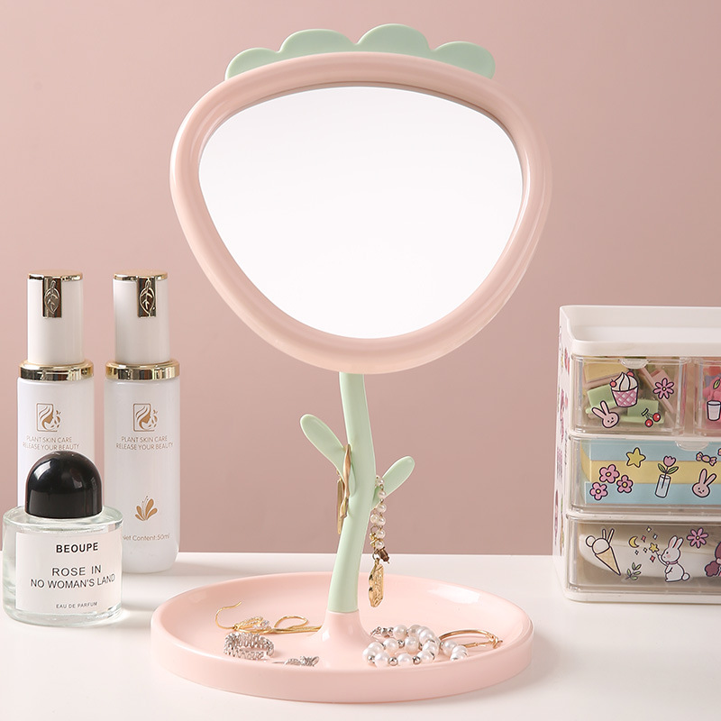 Espejo de fresa espejo de maquillaje de escritorio lindo dormitorio de estudiantes de niñas espejo de flores tocador de escritorio espejo de belleza