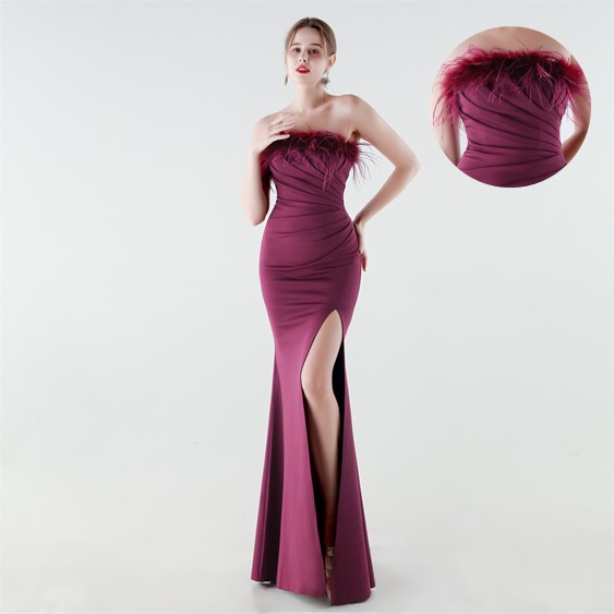 33985 # Foreign Trade 2026 New Style Strapless Feather Slim Fishtail High-Slit Evening Gown for Banquets