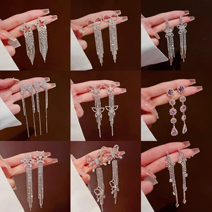 Серьги из серебра 925 пробы, Tassel из циркония, длинная легкая подвеска