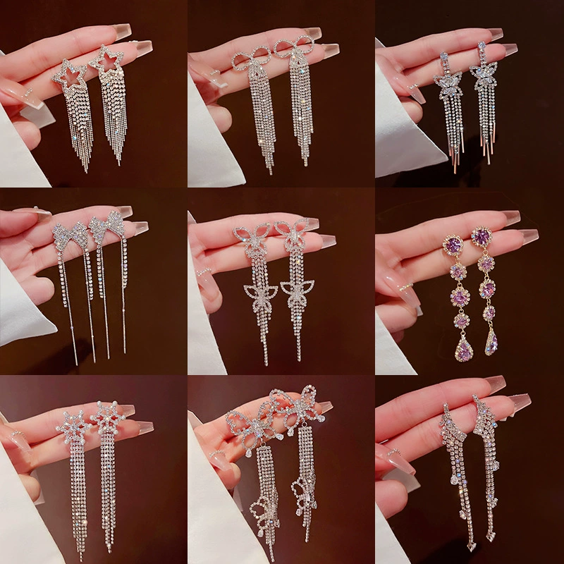 Серьги из серебра 925 пробы, Tassel из циркония, длинная легкая подвеска