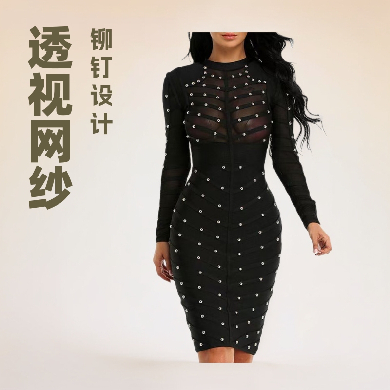 Cross-Border E-Commerce European and American Rivet Mesh Long-Sleeve Bandage Dress, Elegant and Graceful Women's Bandage Skirt