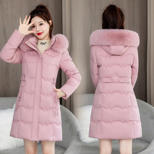Mid-Length Slim-Fit Thick Cotton Coat for Women, Export Style, with Large Detachable Fur Collar, Warm Cotton-Padded down Jacket