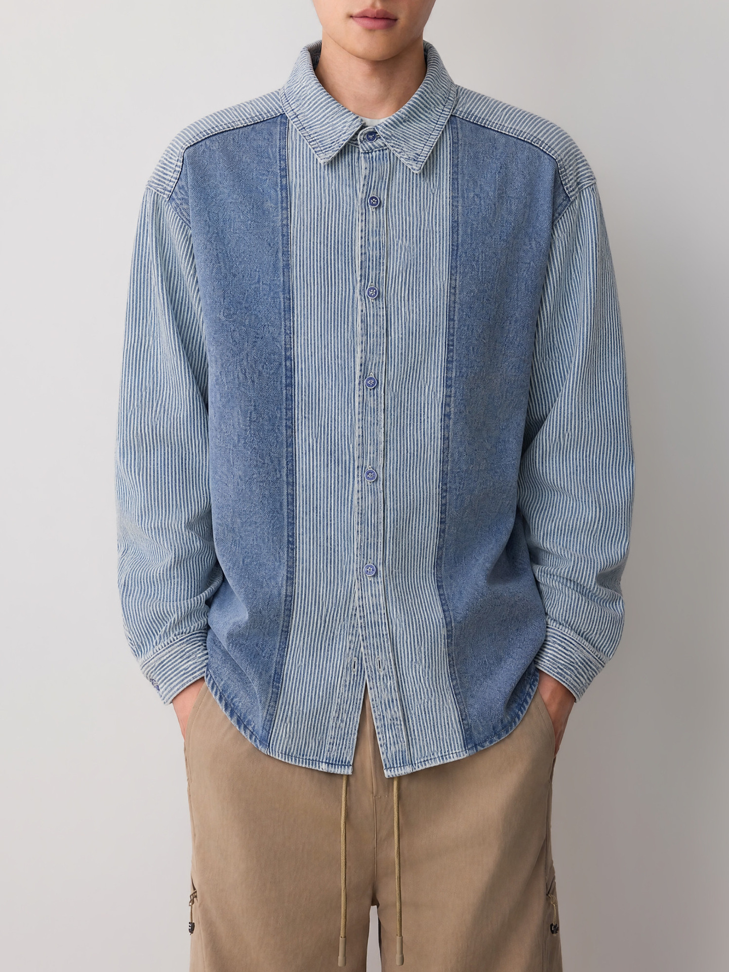 Áo sơ mi denim nam tay dài phong cách cổ điển sọc nối — Cao bồi xanh