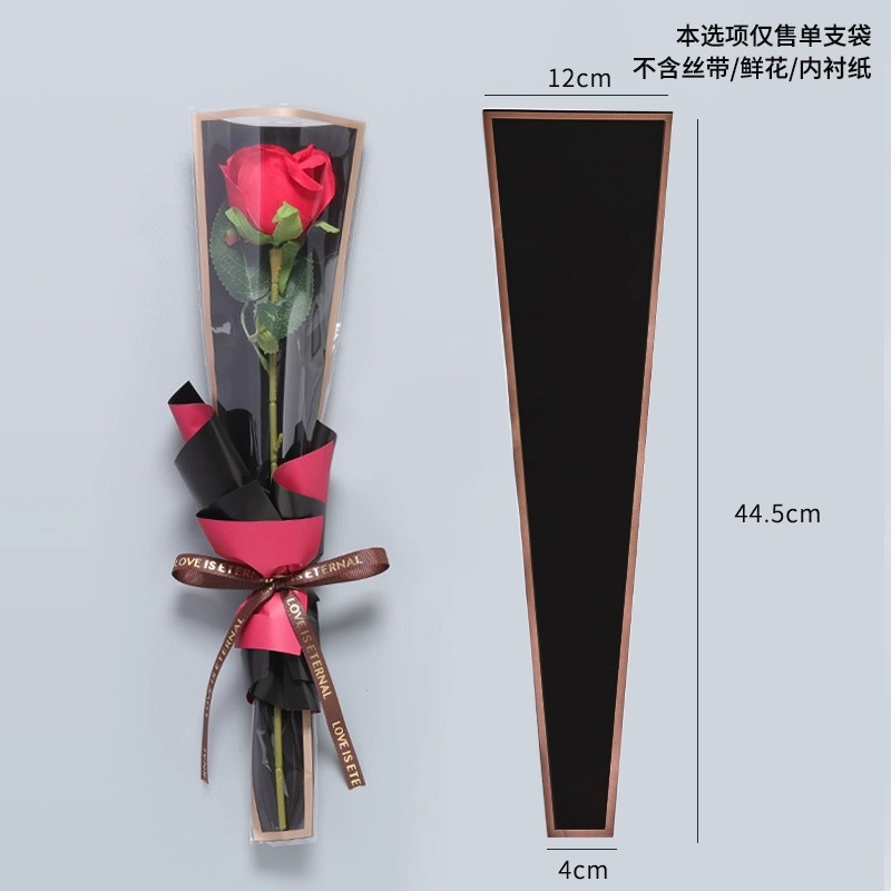 Bolsa de ramo de rosas con hilo dorado mate, bolsa transparente impermeable OPP, suministros para floristería, para el Día de San Valentín chino, con diseño de triángulo dorado y flor individual.