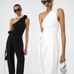 YIMENG23 niche design elegant three-dimensional rose flower slant collar one-shoulder pleated tight waist women's vest