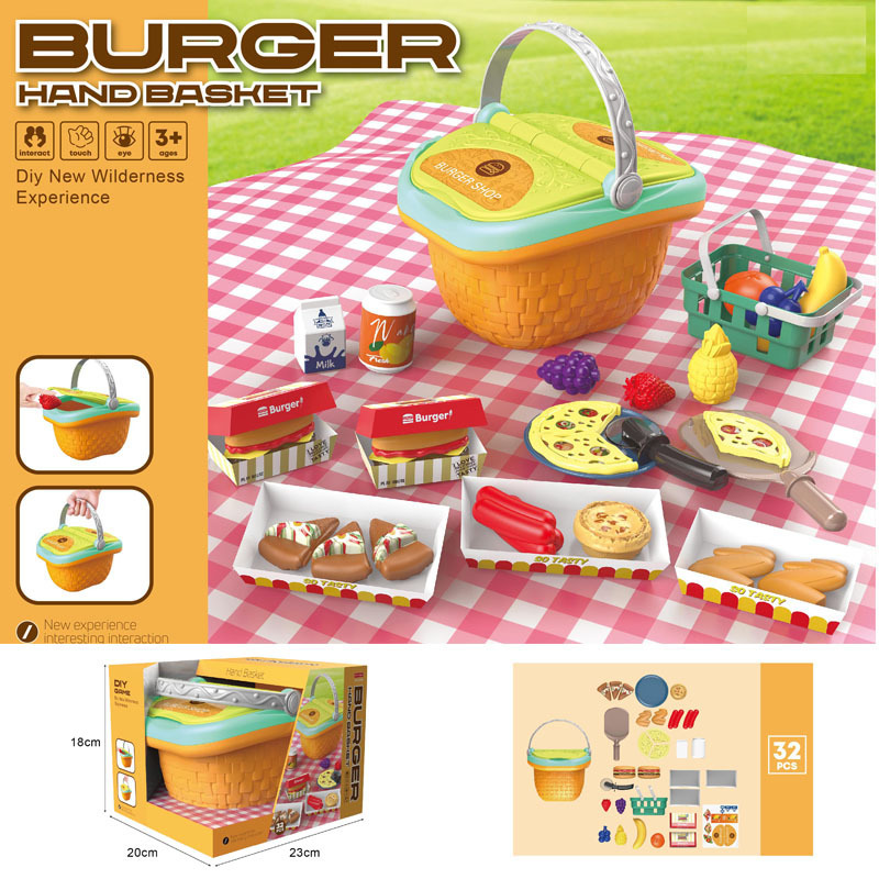 Comercio exterior niños simulación cocina vajilla comida postre barbacoa pizza juego casa juguete portátil cesta de picnic