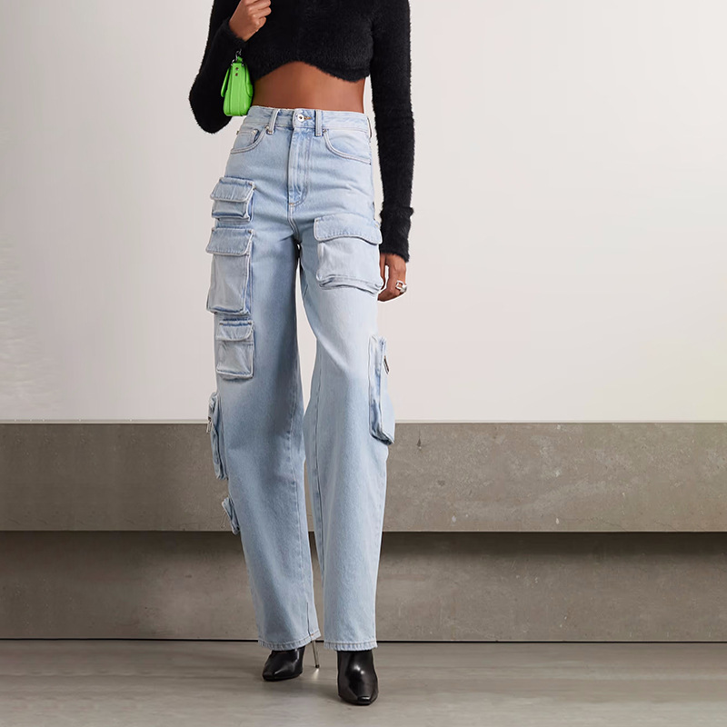 Vaqueros cargo de cintura alta con lavado azul claro vintage para mujer, otoño 2025, nueva moda, pantalones con cremallera y bolsillos grandes
