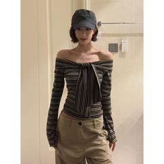 法式复古一字肩优雅条纹长袖t恤女早秋休闲百搭修身气质显瘦上衣