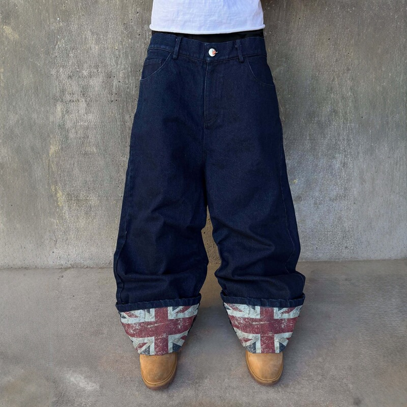 European and American Cross-Border Y2K Cuffed Printed Jeans Street Hip-Hop Straight Wide-Leg Pants Loose Casual Long Pants