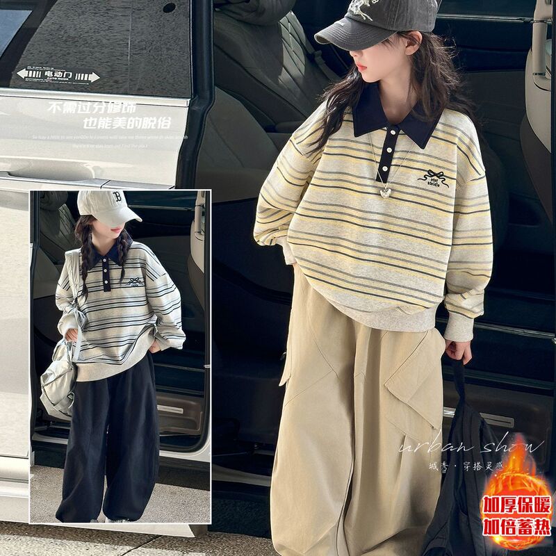 Girls Korean Stripesd Polo Sweatshirt Suit 2025 Autumn and Winter New Big Children's Velvet Thickeneded Cargo Pants Two-Piece Set
