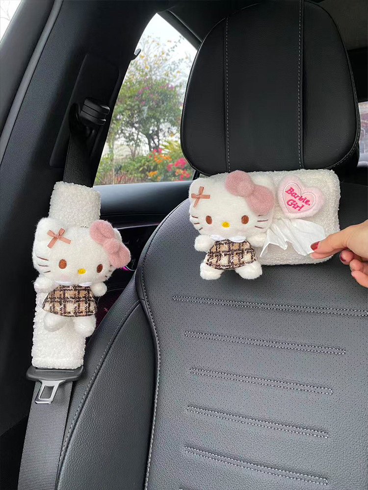 New Style Maillard Plaid Kitty Car Seatbelt Shoulder Pad Cute Car Tissue Box Car Interior Decoration