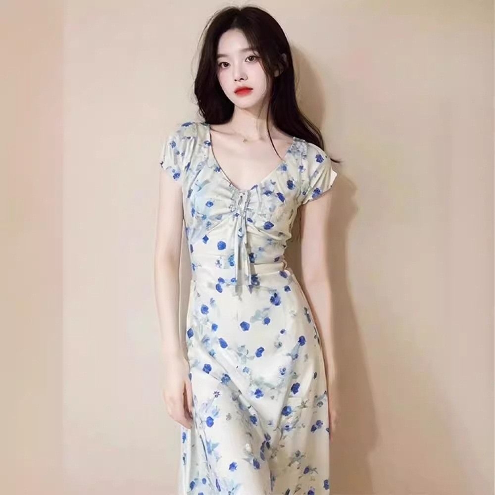 Đầm maxi nữ thắt eo họa tiết hoa nhí kiểu Pháp — Váy liền hoa nhí