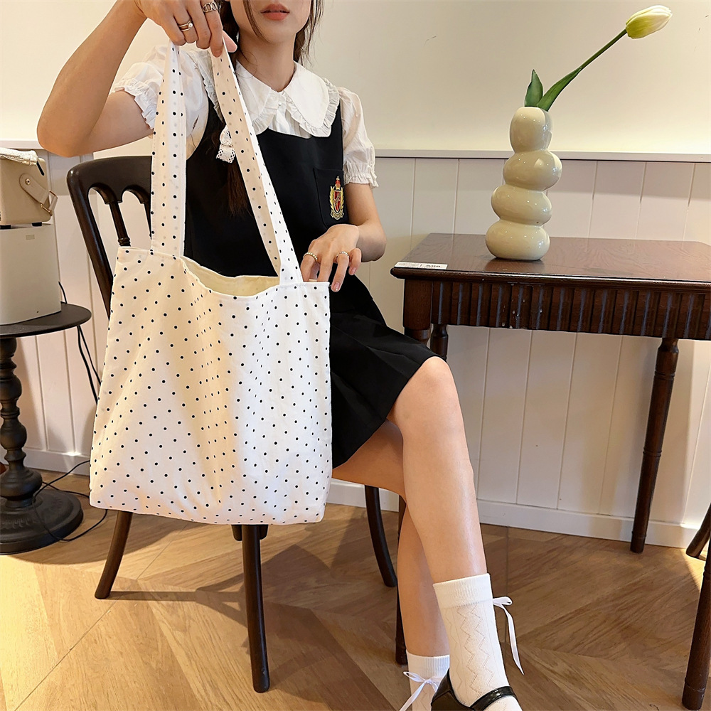 90g Weight Poplin Lining Material 19695304699 Fashion Element Open Closure Type Double Shoulder Straps Strap Type Tote Bag Bags Type Travel, Daily Occasion Canvas Material Round Dots Pattern All Seasons, Spring&Summer Season Women's Gender Streetwear Style Square Shape Medium Size 45262 New Polka Dot Canvas Bag Women's Large Capacity Bag College Students Class Canvas Bag Special-Interest Shoulder Bag 21