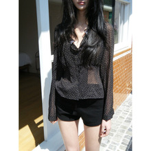 韩国chic秋季新款法式小性感花边V领透视百搭长袖雪纺碎花衬衫女