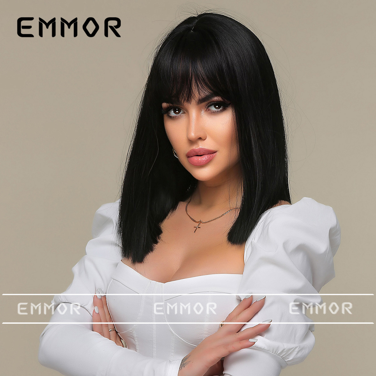 Comercio exterior europeo y americano moda transfronteriza nueva peluca femenina negro natural recto Bangs hombro Bobo pelo corto recto cubierta de la cabeza completa