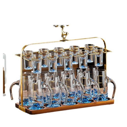 Wholesale liquor cup decanter set, gold foil blue landscape crystal liquor dispenser, luxury home-use liquorware for white liquor
