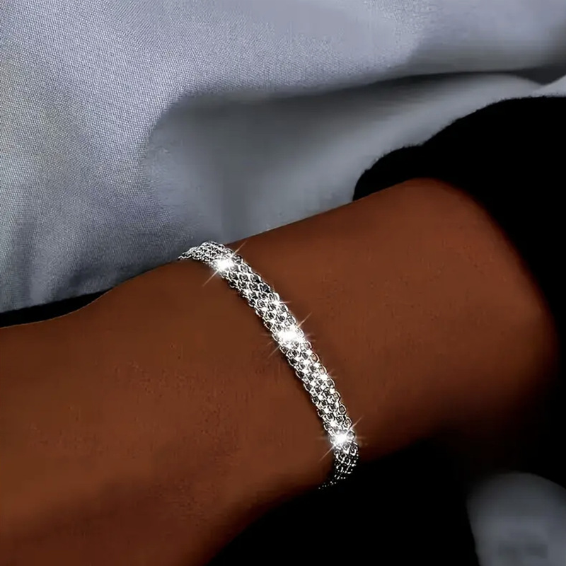 Cross-Border Foreign Trade Temu Hot-Selling Bohemian Silver-Plated Embossed Grid Flat Watch Chain Bracelet for Women Elegant Jewelry