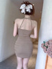 Sexy long sleeved cardigan+hanging neck revealing backpack buttocks dress two sets