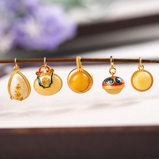 925 Silver Gold Plated Natural Amber Beeswax Drop Flower Round Bag Pendant Bracelet Sliding Pendant Accessories