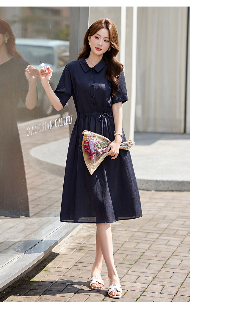 Đầm suông nữ midi dây rút eo cổ điển tay ngắn — Xanh lông mòng đen, màu đỏ chi tiết 10