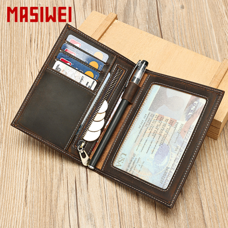 MASIWEI 천연 가죽 남성용 여권 지갑 레트로 패션 크레이지 홀스킨 여권 케이스 1층 소가죽 80% off 카드 지갑 트렌디