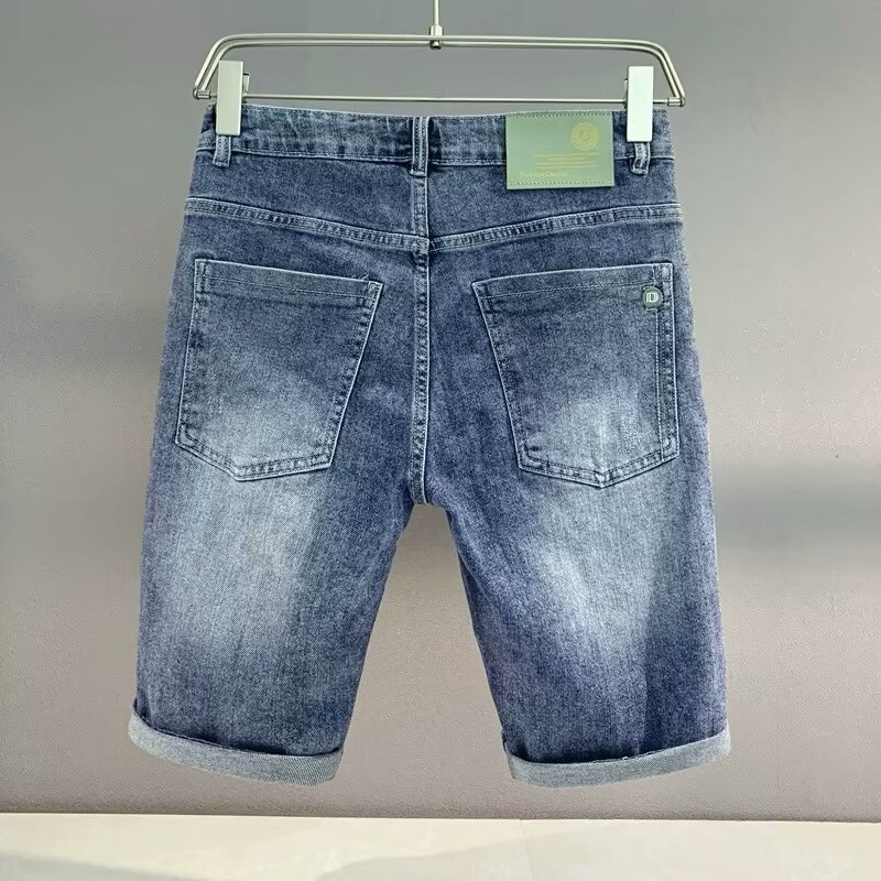 Men's Stretch Denim Shorts With Embroidery And Print Designs, Slim Fit 5-Pocket Casual Shorts For Summer Street Style_mkmklike.com