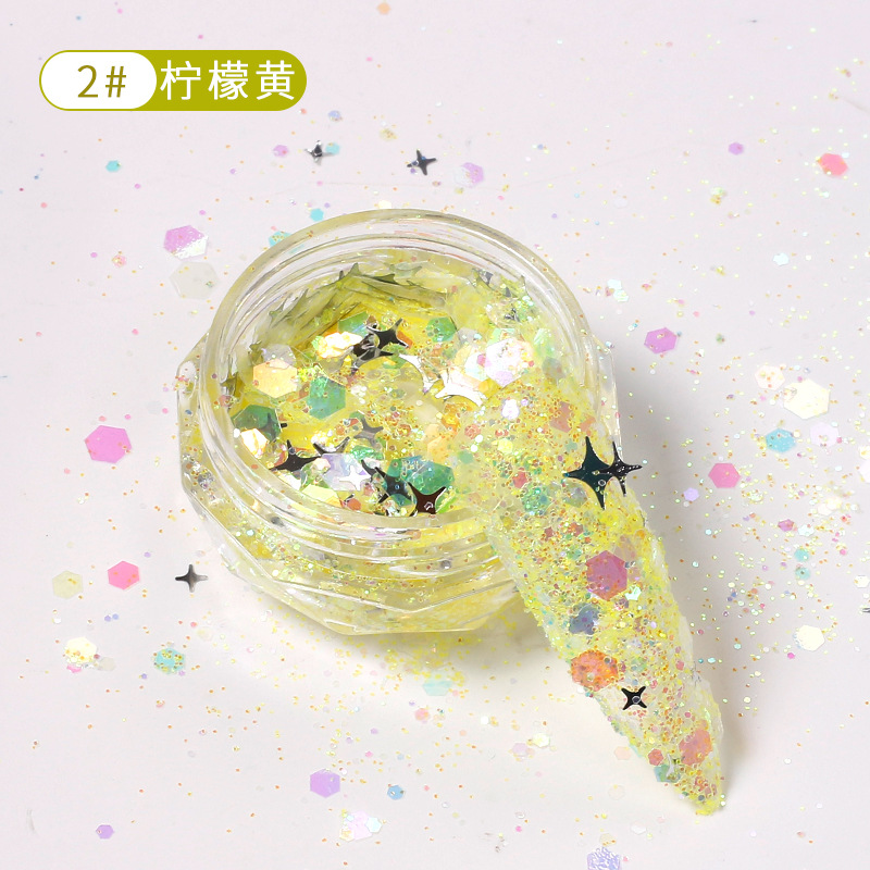 Celebridad de Internet nuevo multicolor clavo estrella flash lentejuelas tamaño mezclado láser brillo uñas lentejuelas joyería en caja