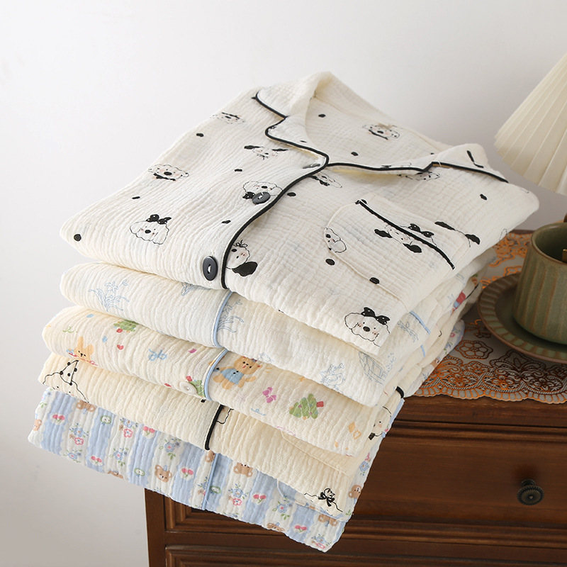Double Crepe Cotton Yarn Cartoon Series Women's Home Clothes Pajamas Long Sleeve Trousers Breathable and Comfortable Four Seasons Pure Cotton Double Crepe Cotton Yarn Cartoon Series Women's Home Clothes Pajamas Long Sleeve Trousers Breathable and Comfortable Four Seasons Pure Cotton