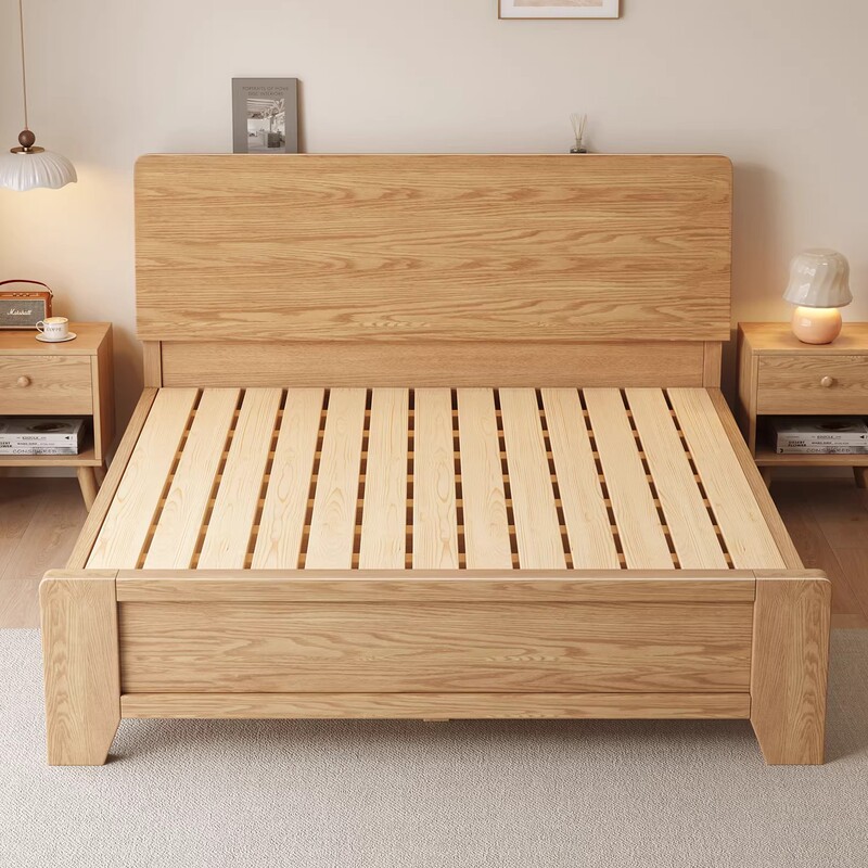 All Solid Wood Bed 2026 New Model 1.8m Double Bed for Home Master Bedroom 1.5m Oak Bed Single Bed Frame for Rental Use