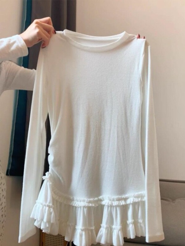 Original fabric ballet-style lace hem base layer women's autumn and winter slim-fit long-sleeve t-shirt top Original fabric ballet-style lace hem base layer women's autumn and winter slim-fit long-sleeve t-shirt top