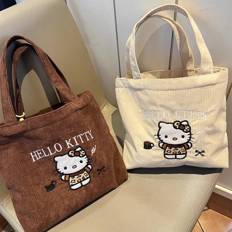 刺绣Kitty手提包手拎上班可爱大容量百搭灯芯绒小包包妈咪包外出
