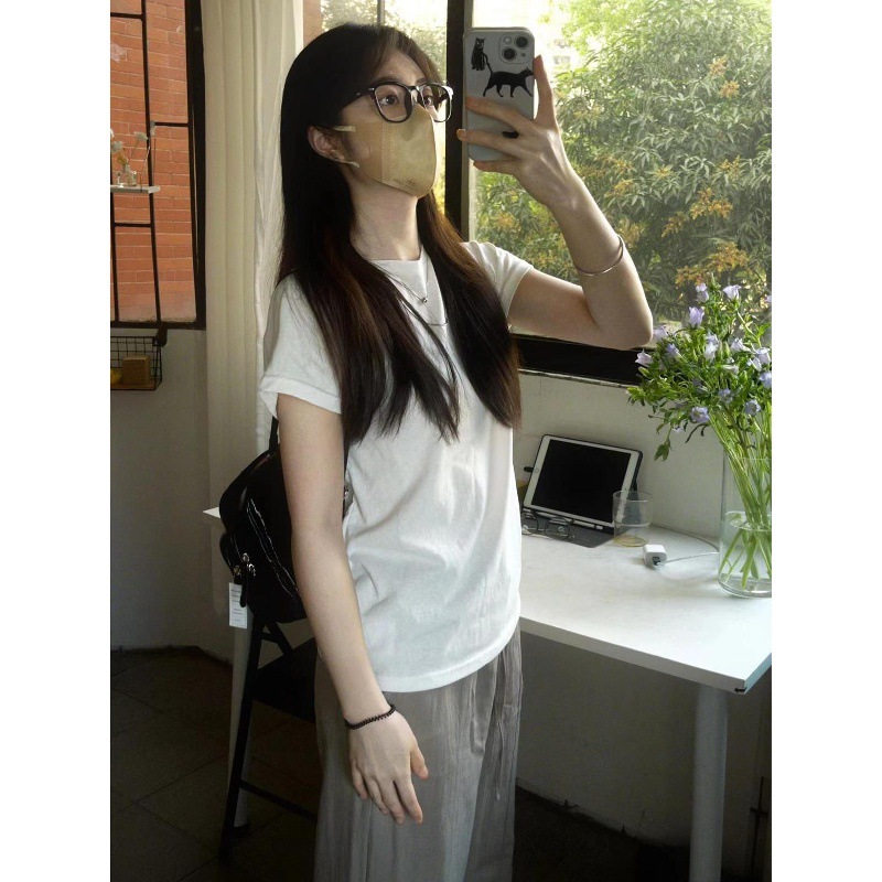 纯棉白色正肩短袖t恤女夏季修身显瘦基础款百搭纯色圆领体恤上衣