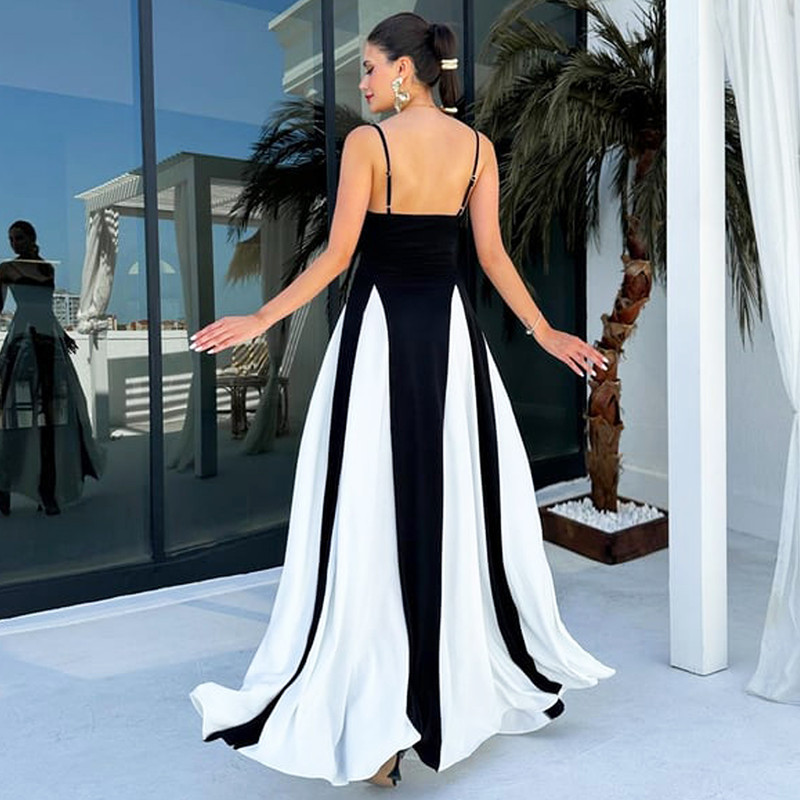 Fashionable Women's Contrast Stitching Suspender Prom Evening Dress_voghion.com