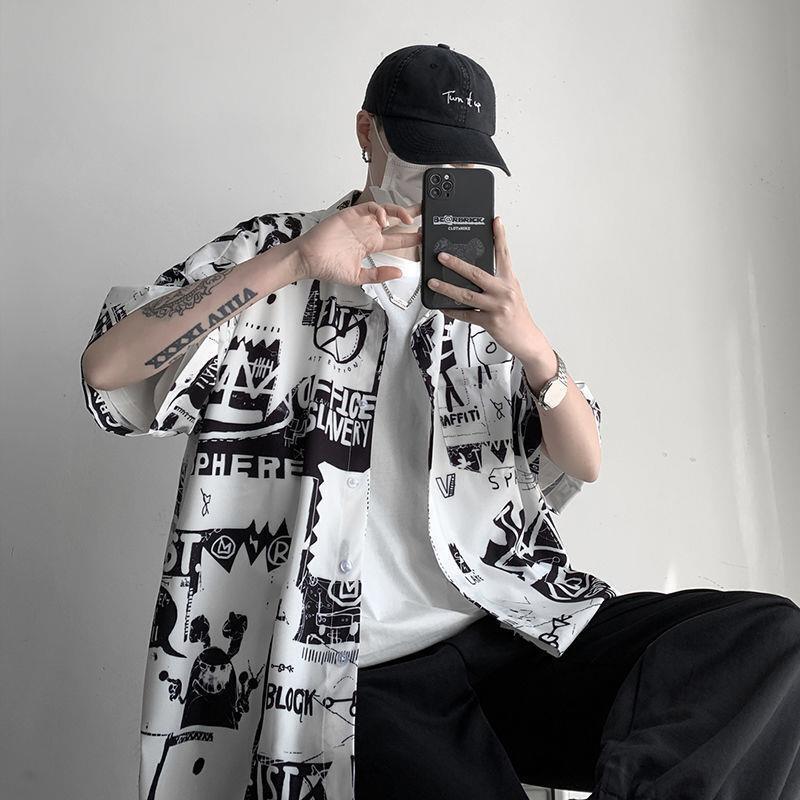 Vintage Graffiti Casual Shirt Men's Short-Sleeved Summer Thin Loose Trendy Brand Personalized Design Shirt Half-Sleeved
