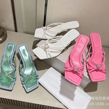 欧美法式夏季新款高跟鞋方头凉鞋女水钻心形扣性感细跟露趾凉拖鞋