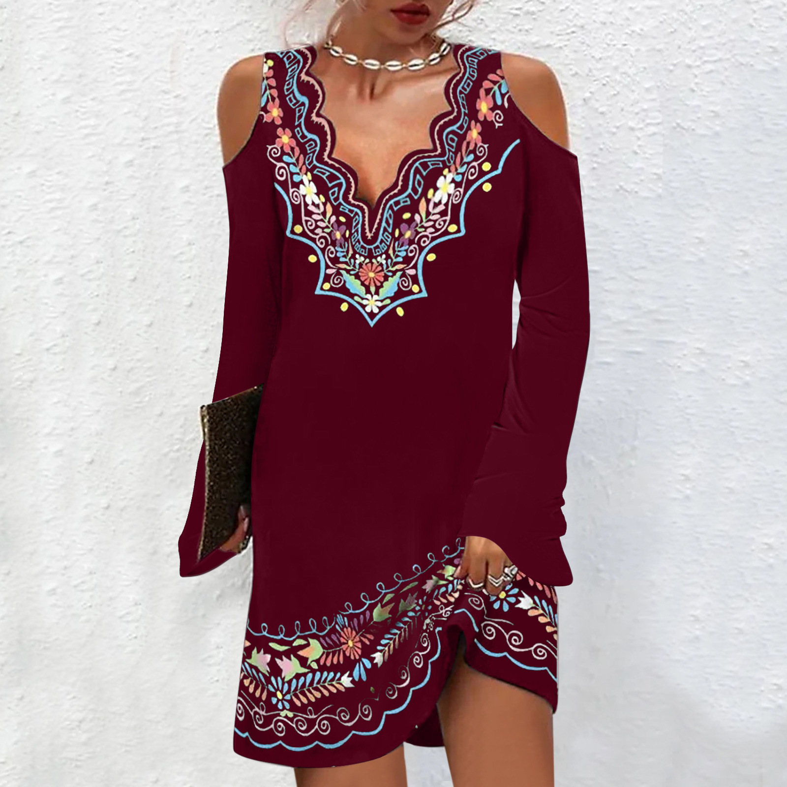 Women's A-line Skirt Fashion V Neck Printing Long Sleeve Flower Knee-length Daily display picture 5