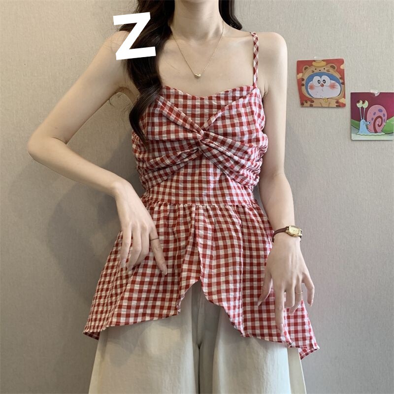 甜美衬衫女新款泰式格子吊带上衣不规则下摆设计感无袖上衣批发|undefined
