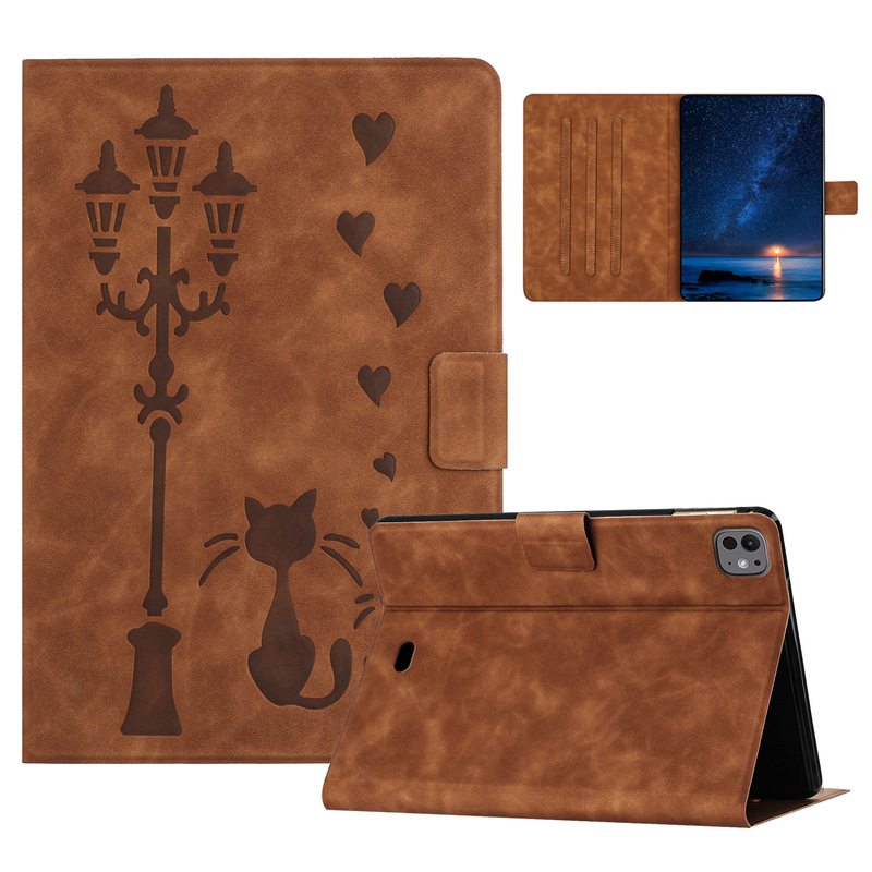 Suitable for iPad Air11 Flat Leather Case Samsung A9 Cartoon Frosted Cat Embossed Bracket Anti-fall Case mini6