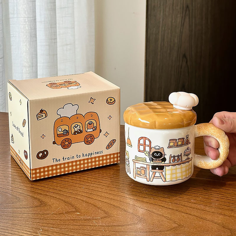 面包小猫创意水杯女生高颜值陶瓷马克杯带盖杯子家用喝水生日礼物|undefined