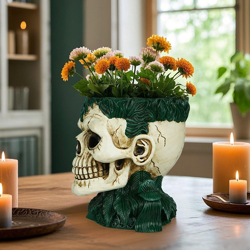 Spot Halloween Skull Flowerpot Resin Ornaments Home Desktop Garden Succulent Green Plant Container Decoration Small Gifts
